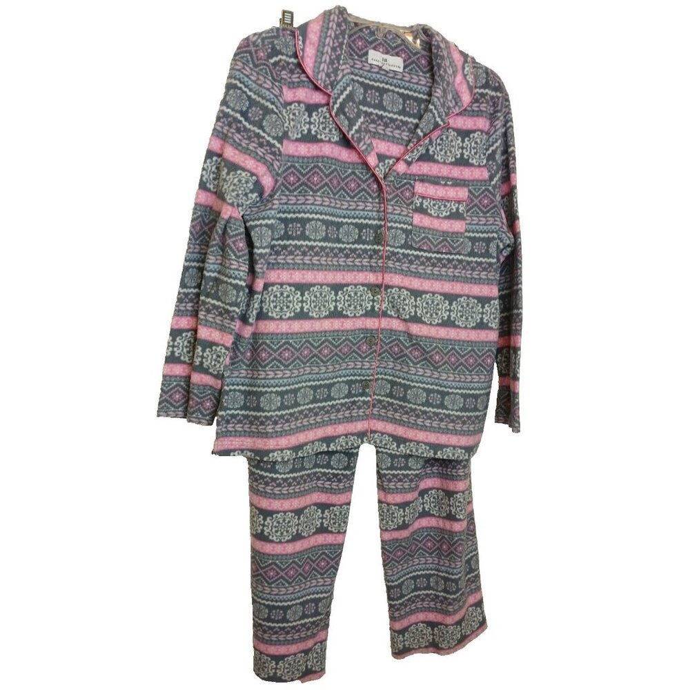 Karen Neuburger KN Women Sz L Pink Gray Pajamas Set 2 Pc Button LS #Z-20